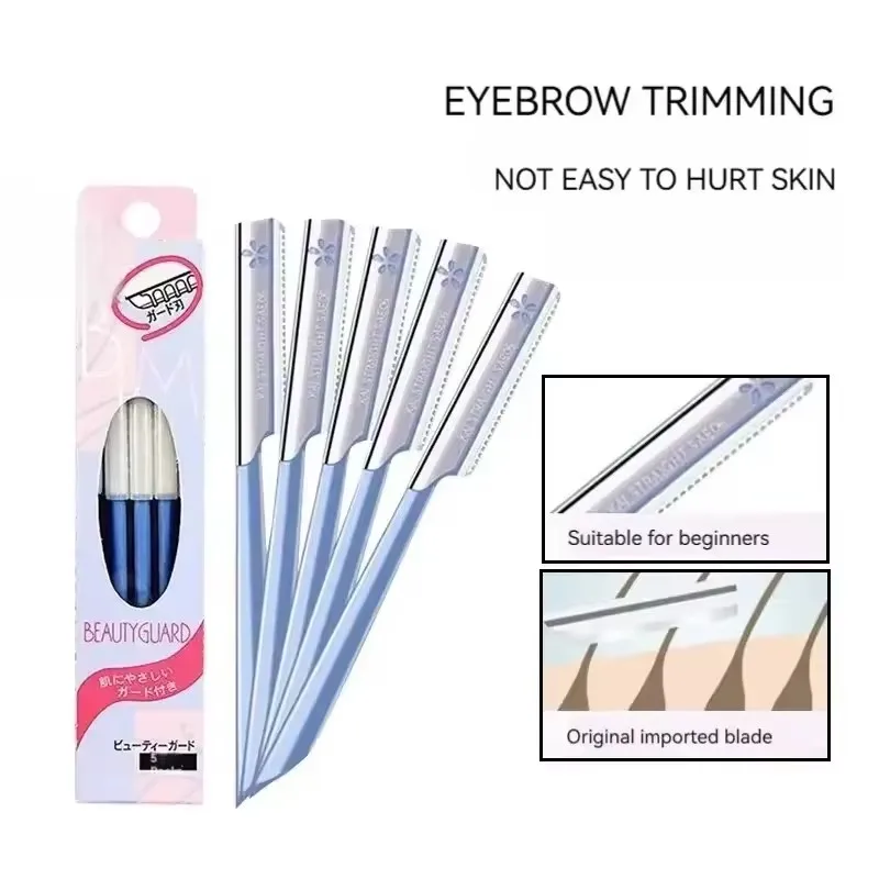 5pcs/box With Cover Eyebrow Trimmer Scraper Stainless Steel Hair Blade Eyebrow Razors Knife Safety Facial Shaver Cosmetics Tools