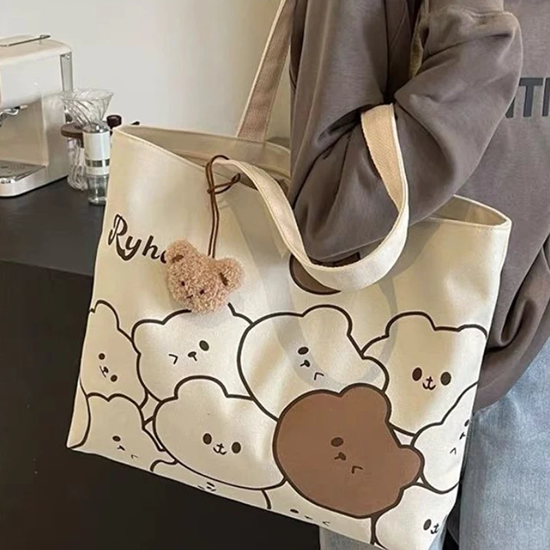 Cartoon Bear Canvas Shoulder Bag Large Capacity Tote School Bag Casual Commuting Bag Underarm Bag