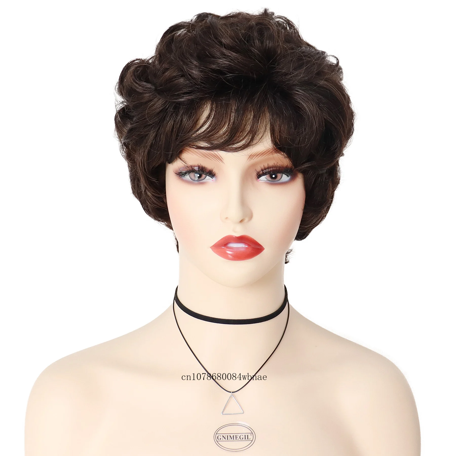 Short Dark Brown Curly Synthetic Wig with Bangs Old Lady Wigs for Women Grandma Pixie Hairstyle Daily Cosplay Heat Resistant