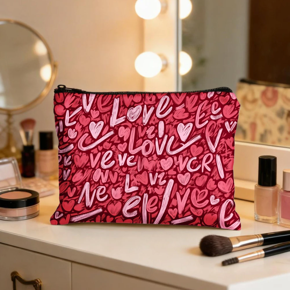 Love Hearts Pink Pattern Print Makeup Bags for Girls Cosmetic Pouch Toiletry Bag Pencil Case Travel Storage