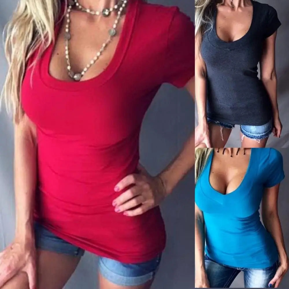 Top Summer Women Solid Color Plus Size Slim T-Shirt tshirt Deep V футболки женские летние футболка 2020 женская