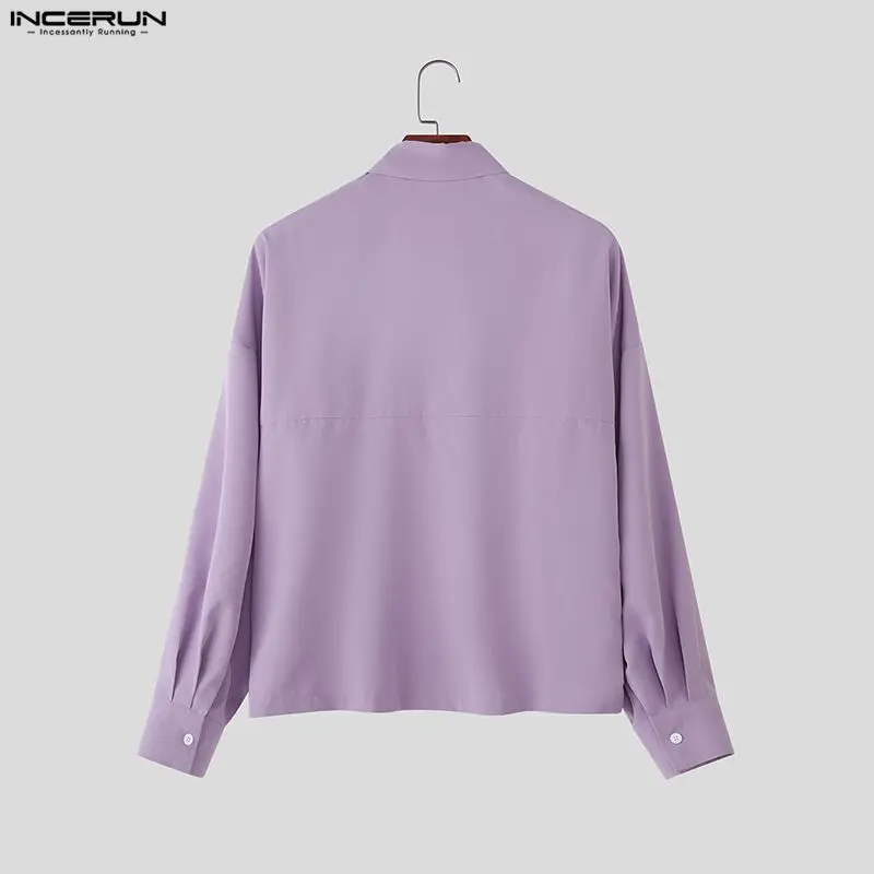 INCERUN 남성 셔츠 솔리드 컬러 라펠 긴 소매 버튼 루즈 크롭 탑 남성 스트리트웨어 한국 스타일 패션 캐주얼 남성 의류