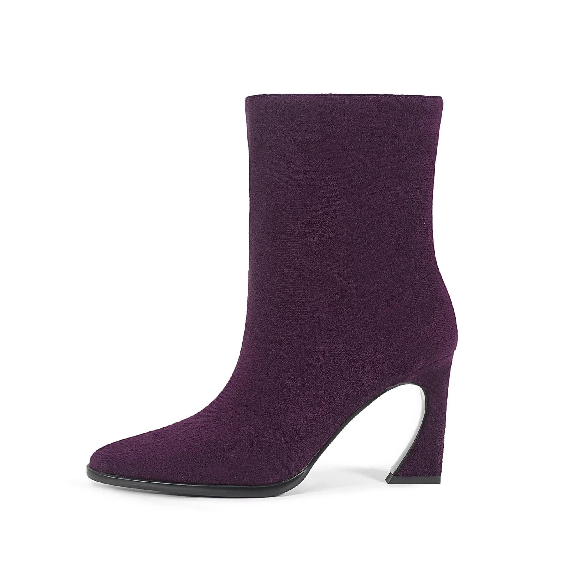 

Arden Furtado Winter purple suede Pointed toe strange style Side zipper Skinny boots Extra large size Chunky heels Short boots
