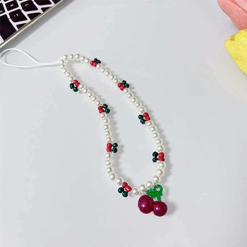 Korean Cute 3D Cherry Pearl Beads Beaded Phone Chain Camera Hanging Rope Anti-Lost Lanyard Hanging Jewelry Phone Accessories