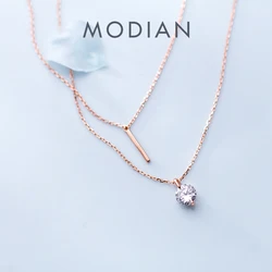 Modian New 925 Sterling Sliver Dazzling Zircon Geometric Double Chain Pendant for Women Adjustable Necklace Fine Jewelry Bijoux