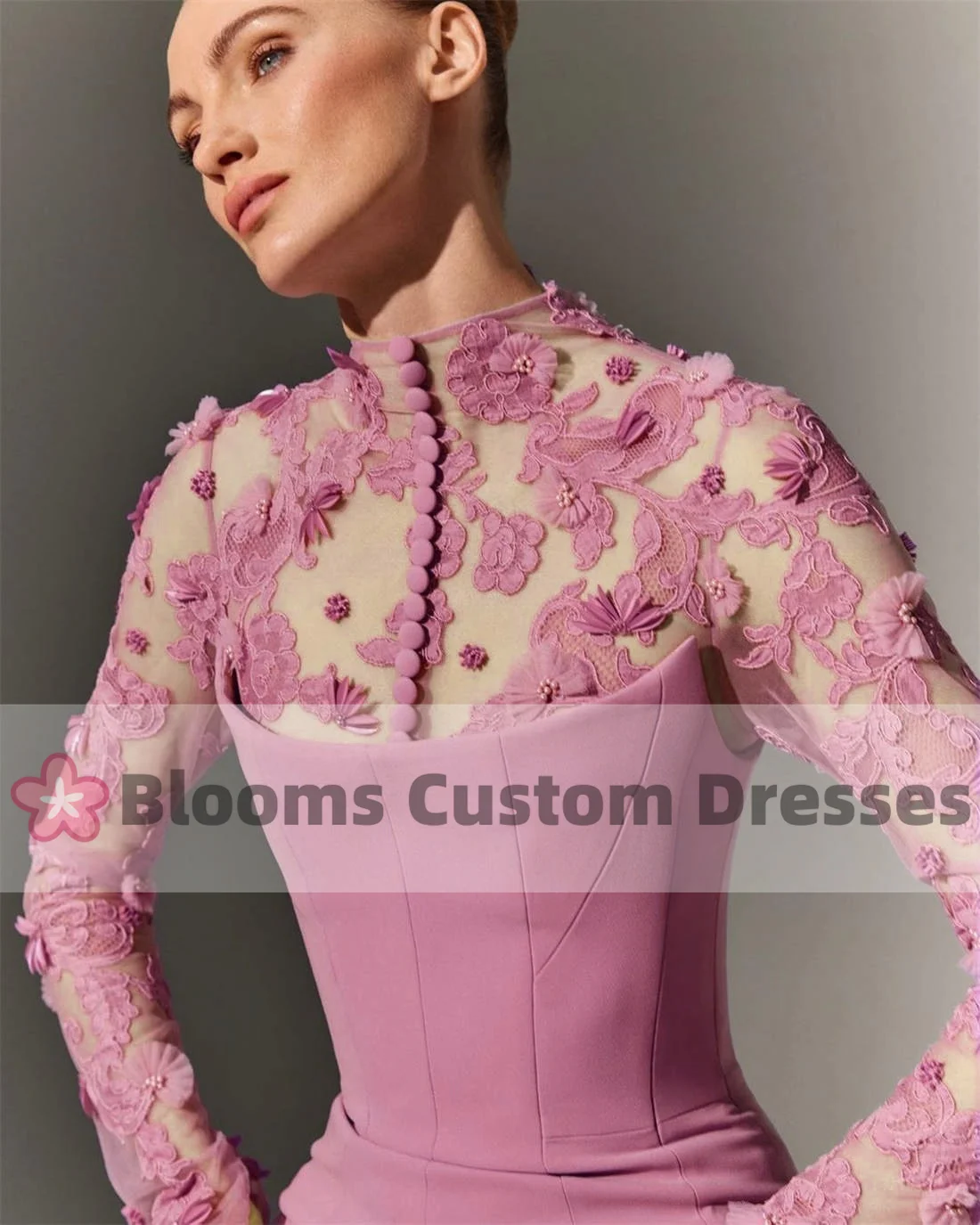Blooms Customized Beaded Flower Lace Mermaid Prom Dress Long Sleeve Buttons Crepe Elegant Evening Dress Wedding Formal Gown image 2