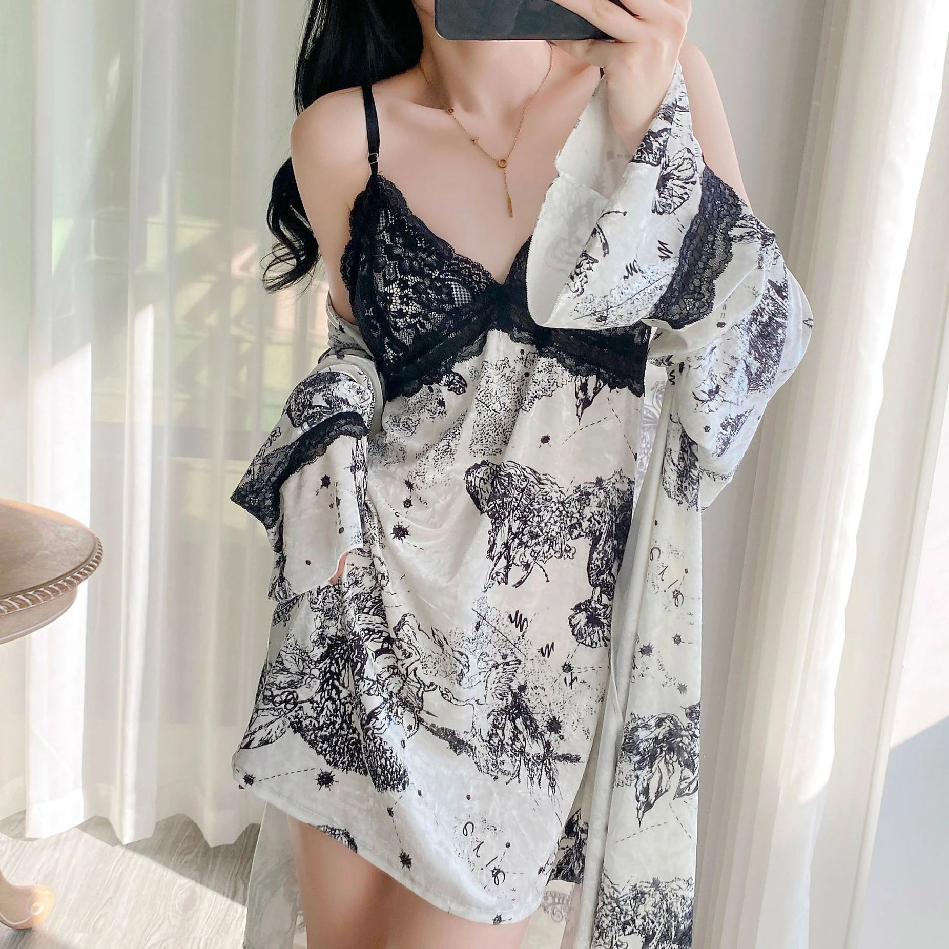 

Комплект из 2 предметов: велюровый халат и ночная сорочка с кружевом, весенне-осенний, для женщин, домашняя одежда, кимоно, ночная рубашка