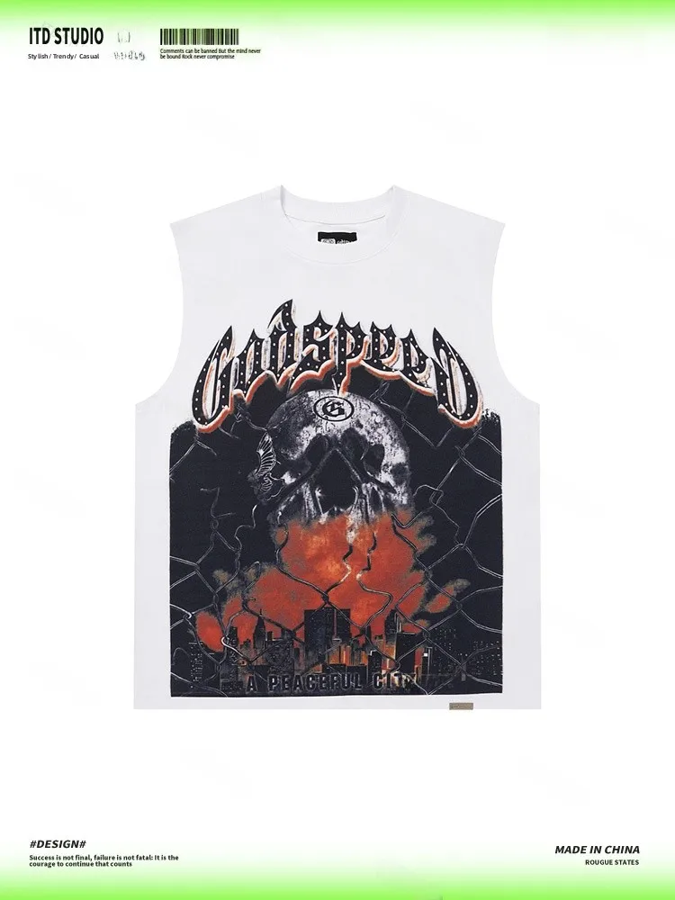 Godpeed Series Vibe Streetwear Loose Fit Men's T-Shirt Sleeveless Print Graphic Skull Flame Casual Summer Top for Teens And A...