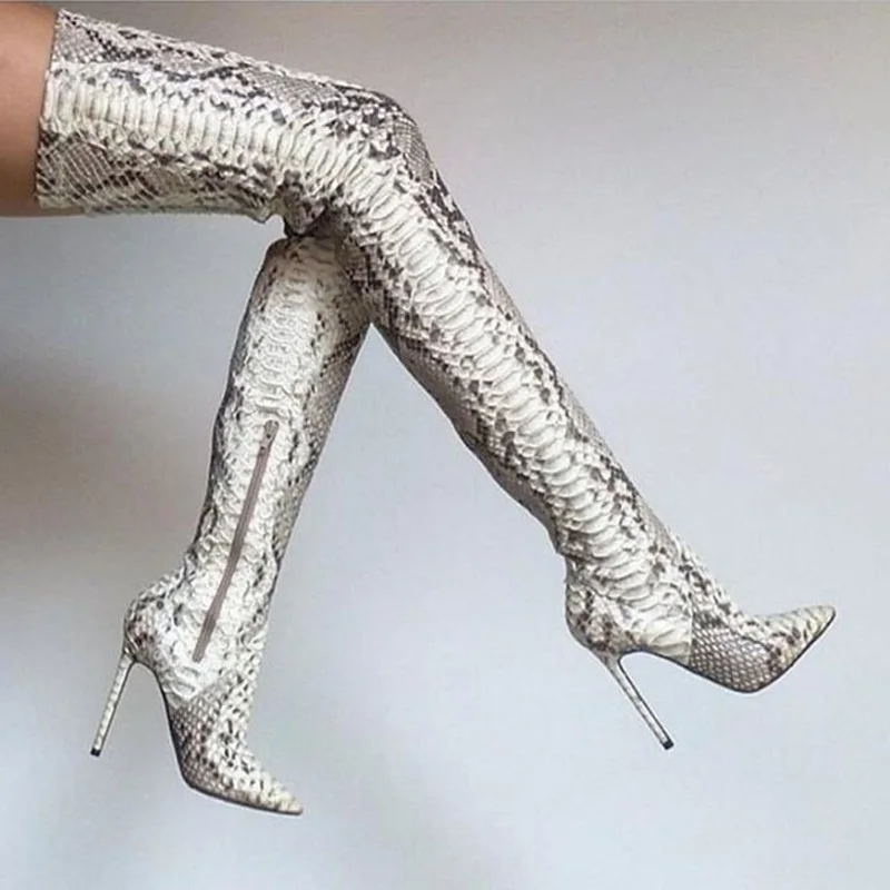 بيثون مطبوعة الجلود الفخذ عالية التمهيد الجانب سستة الشتاء أحذية طويلة الأبيض جلد الثعبان الأحذية خنجر كعب مدبب تو الأحذية