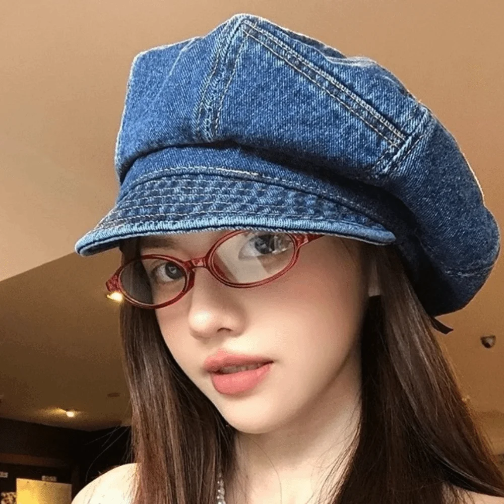 

Fashion Vintage Washed Denim Beret Cloud Newsboy Octagonal Cap Visor Artist Peaked Hat Streetwear
