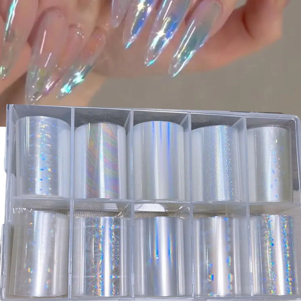 10 Rolls/doos Clear Laser Aurora Nail Transfer Folie Holografische Sterrenhemel Transfer Papier Nagelfolie Stickers Spiegel Nail sticker
