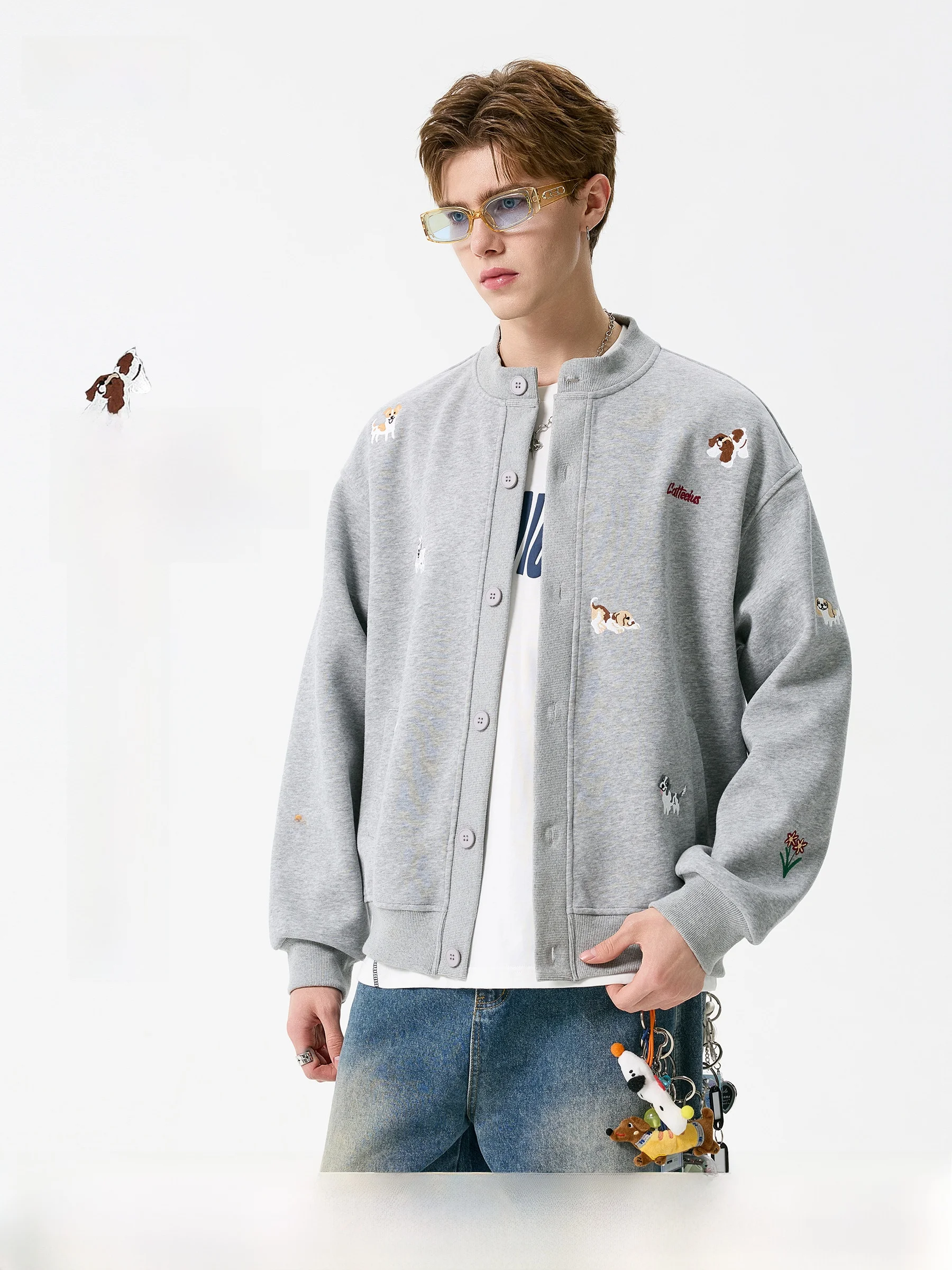 

DPX осень-зима тяжелый открытый кардиган с вышивкой собаки джет мужской повседневный свободный свитшот модная уличная одежда