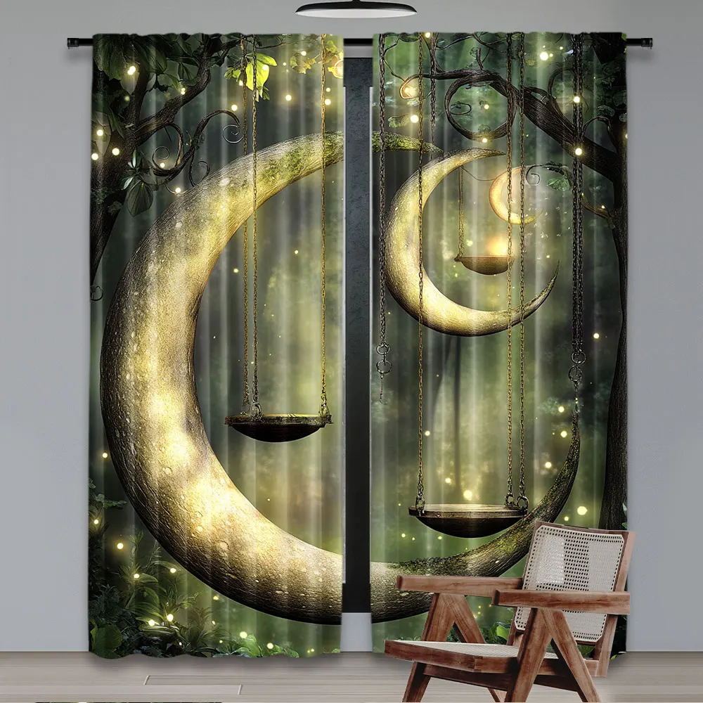 2Pcs Cartoon Curtain Forest Secret Swing Old Tree Curly Half Moon Shaped Print Suitable For Bedroom Living Room