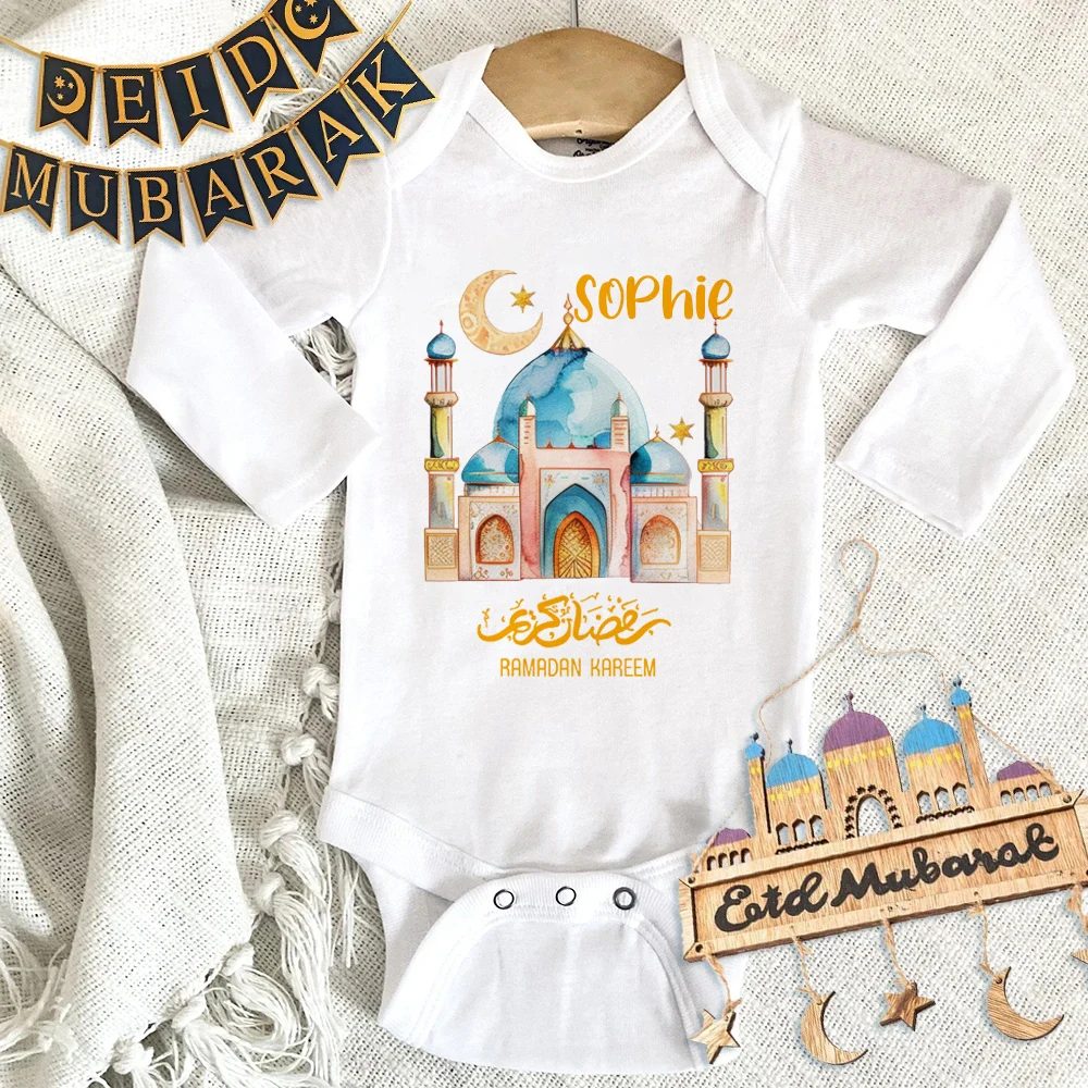 

Personalised Ramadan Kareem with Name Baby Romper Boys Girls Bodysuit Eid Ramadan Outfit Jumpsuit Islamic Muslim Infant Clothes
