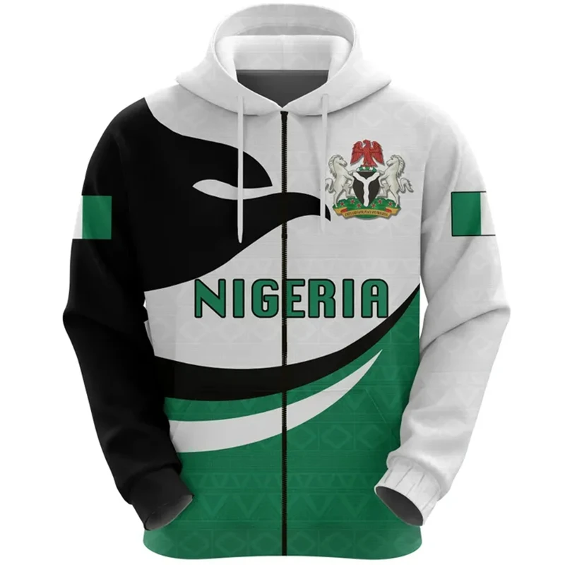 Nigeria Flag Map Hooded Sweatshirts NGA National Emblem Zip Up Hoodie For Men Clothing Casual Male Daily Sports Boys Pullovers