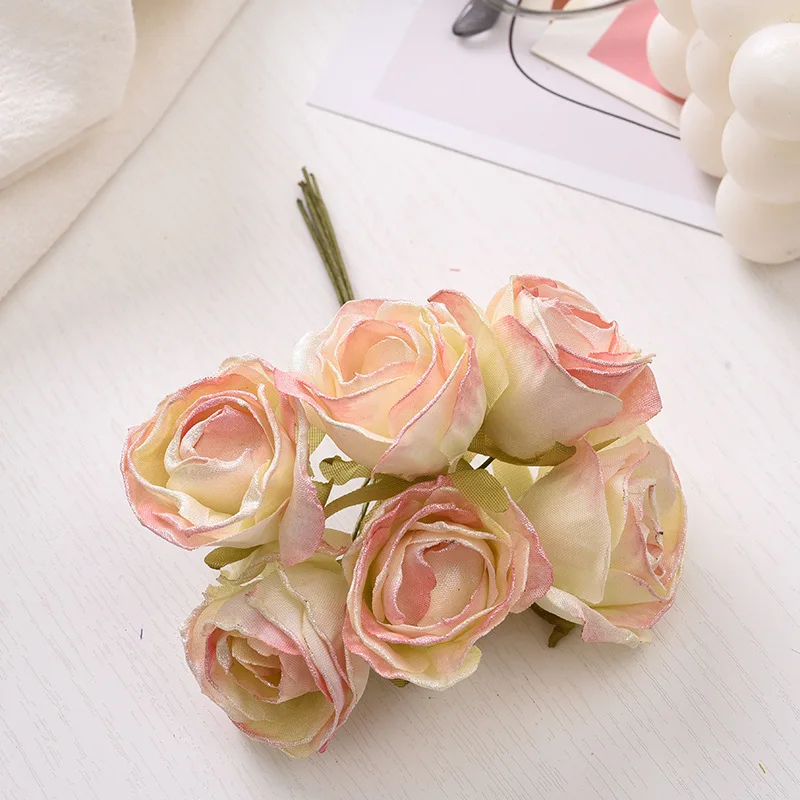 6pcs artificial flower 4cm silk bright pink rose bouquet for wedding home decoration DIY wreath gift box scrapbook fake flower