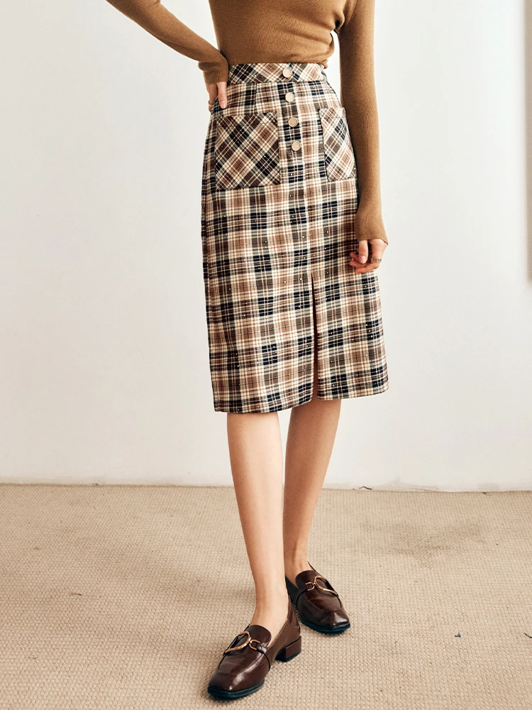 OLrain Retro Coffee Plaid Skirt Women Spring Summer 2025 England Skirt Slit Pockets Office Wear Knee-length Skirts O21QB36602
