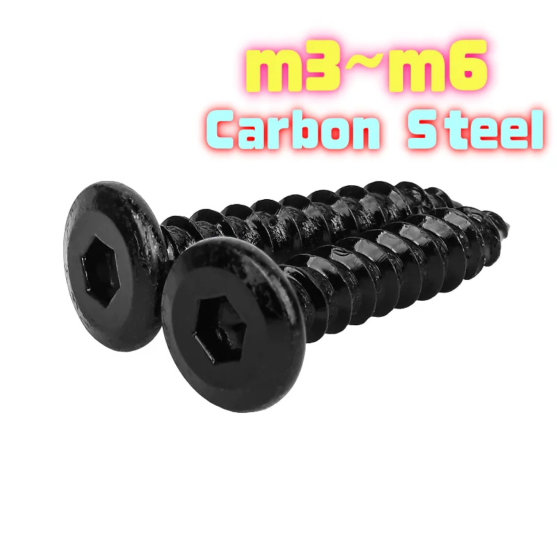 Carbon Steel M3 M3.5 M4 M5 M6 BLACK Flat Thin Wafer Head Self Tapping Screws Hexagon Socket Furniture Wood Screws