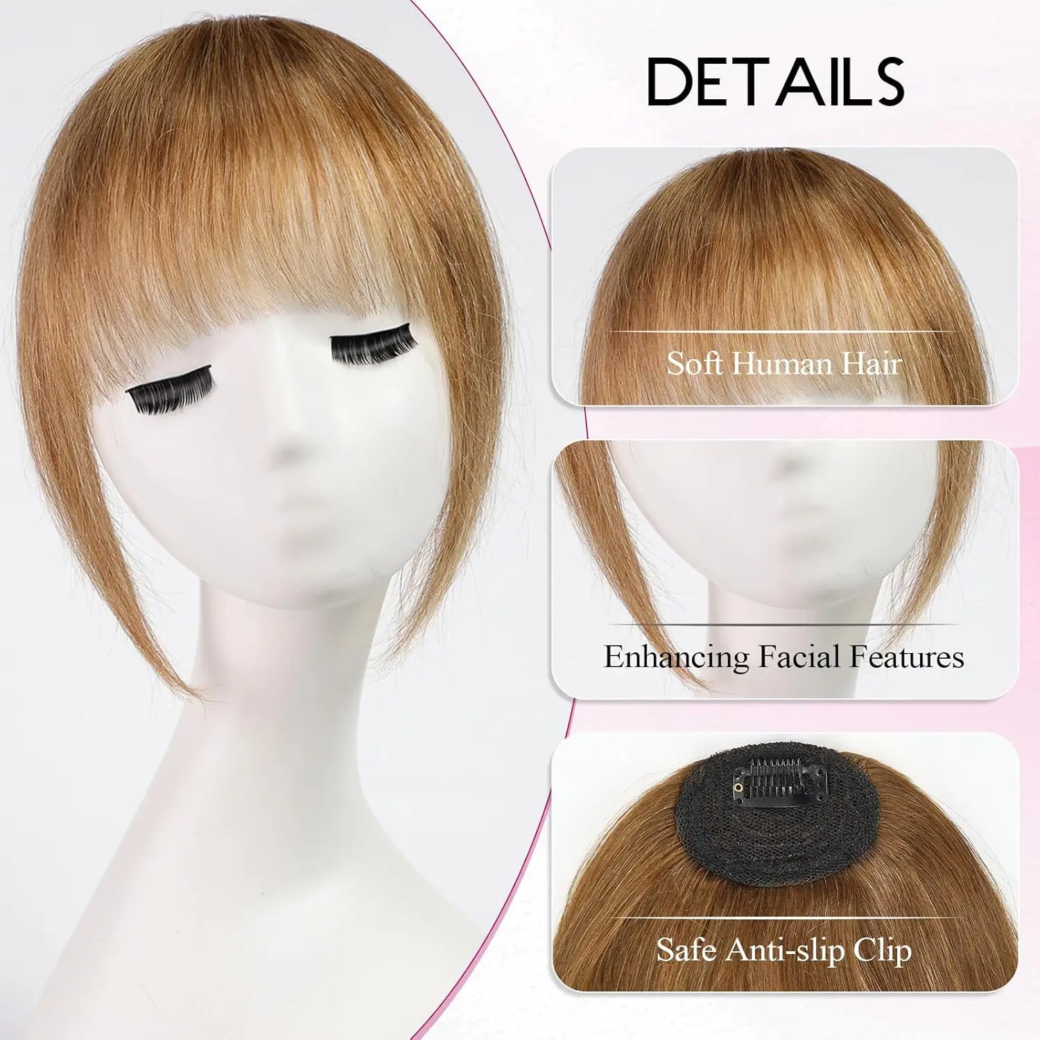 Frangia a clip per donna Frangia francese per capelli umani al 100% castano miele con clip antiscivolo Frangia ad aria nell'estensione dei capelli da indossare ogni giorno