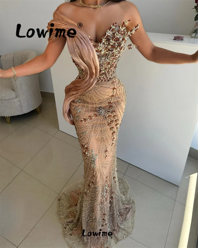 Lowime 2024 Champagne Aso Ebi Crystals Mermaid Prom Dress Long Arabic Evening Second Reception Engagement Gowns Wedding Dresses