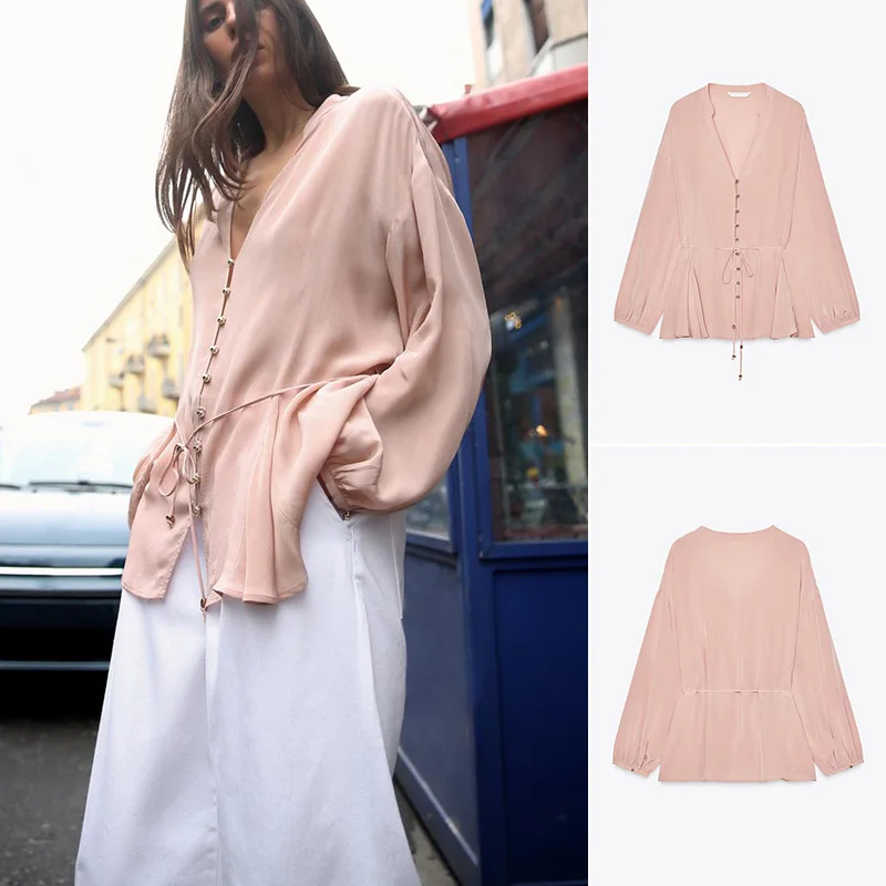 

Spring New Women's irt Gold Button Trim Belted Slim Fit Linen Blend Long Sve V-Ne Regular Length Polyester Fiber