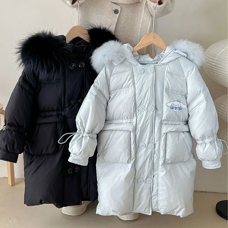 Sanrios Kuromi Cinnamoroll Girl Cotton Padded Jacket Hello Kittys Fur Hooded Parkas Thick Kids Warm Coat Winter Clothes Snowsuit