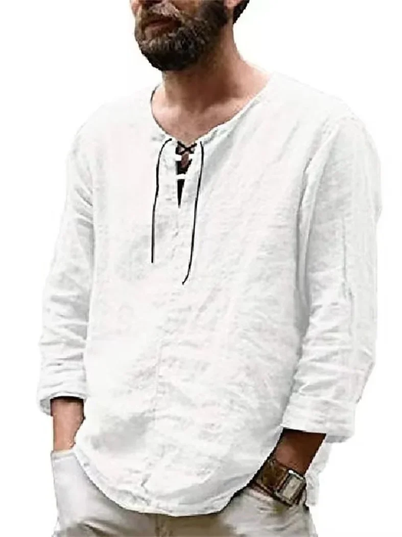 

New Spring and Autumn Men's Pullover Solid Color Cotton Hemp Long Sleeve Fashion V-Neck Drawstring Casual Plus-Size Loose Top