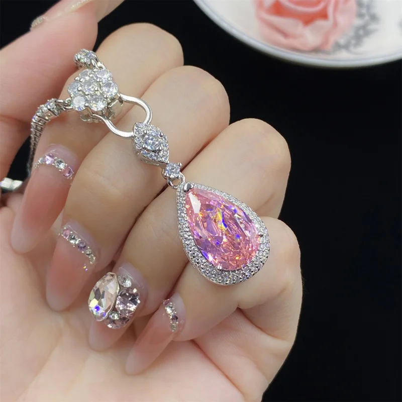

Pink Water Drop Shape Zircon Three-piece Full Diamond Open Ring Female Temperament Luxury Pendant Earrings Set