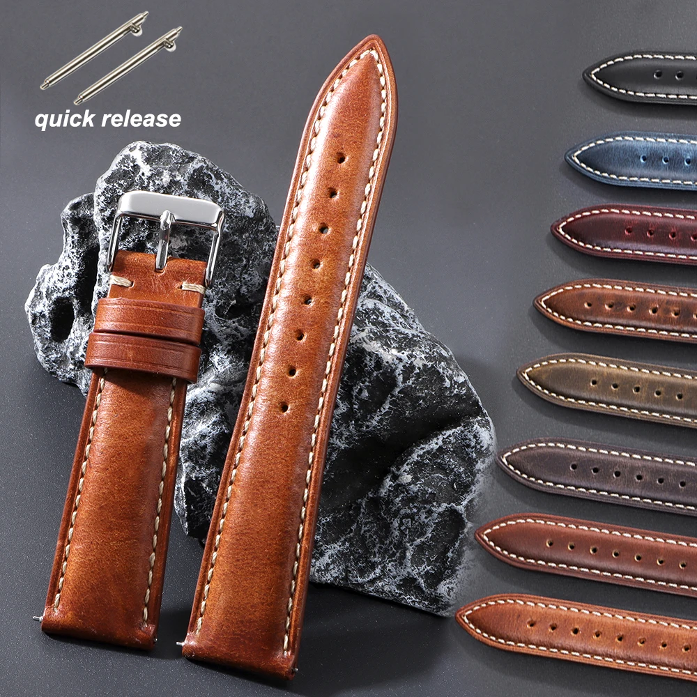 18mm 19mm 20mm 21mm 22mm Vintage Oil Wax Cowhide Watch Strap Retro Brown Blue Universal Head Layer Cowhide Watchband Accessories