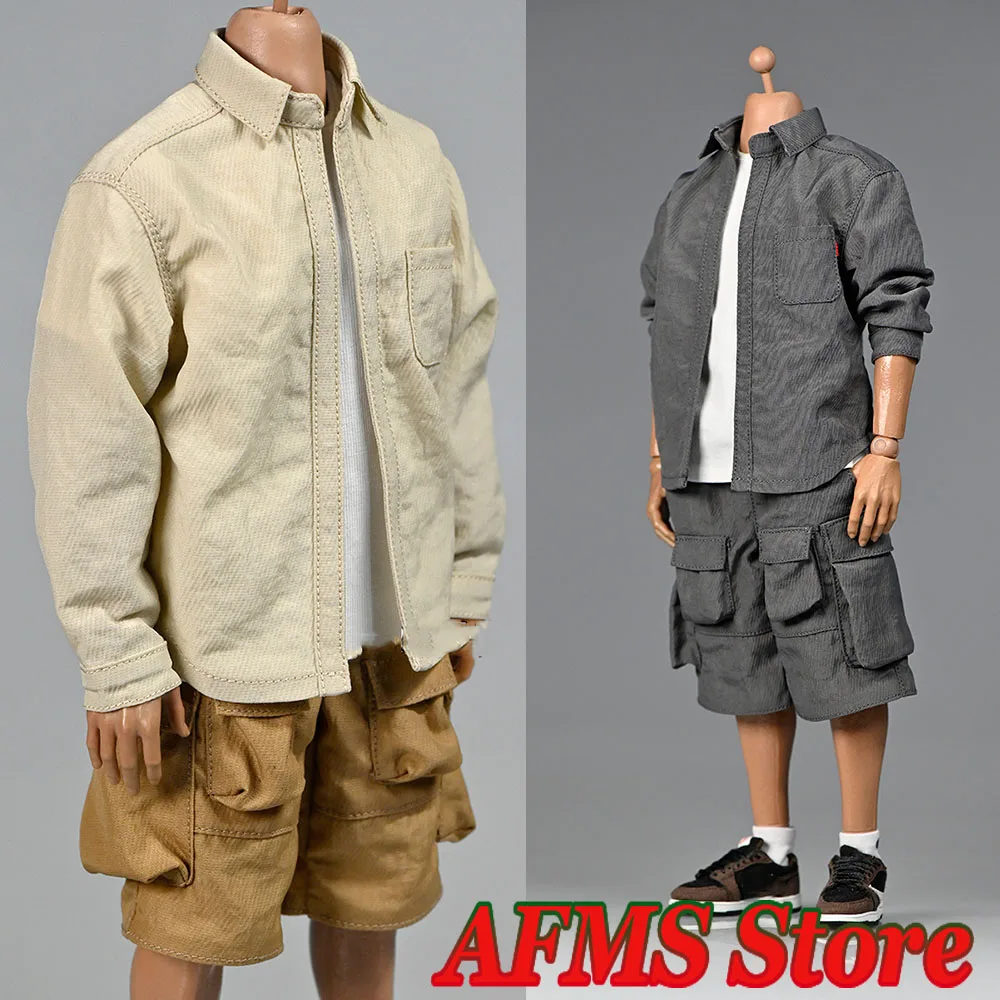 

1/6 Male Soldier Shirt Classic Khaki Lapel Shirt Large Pockets Grey Shorts Tops Accessory Fit 12" Action Figure Body Dolls