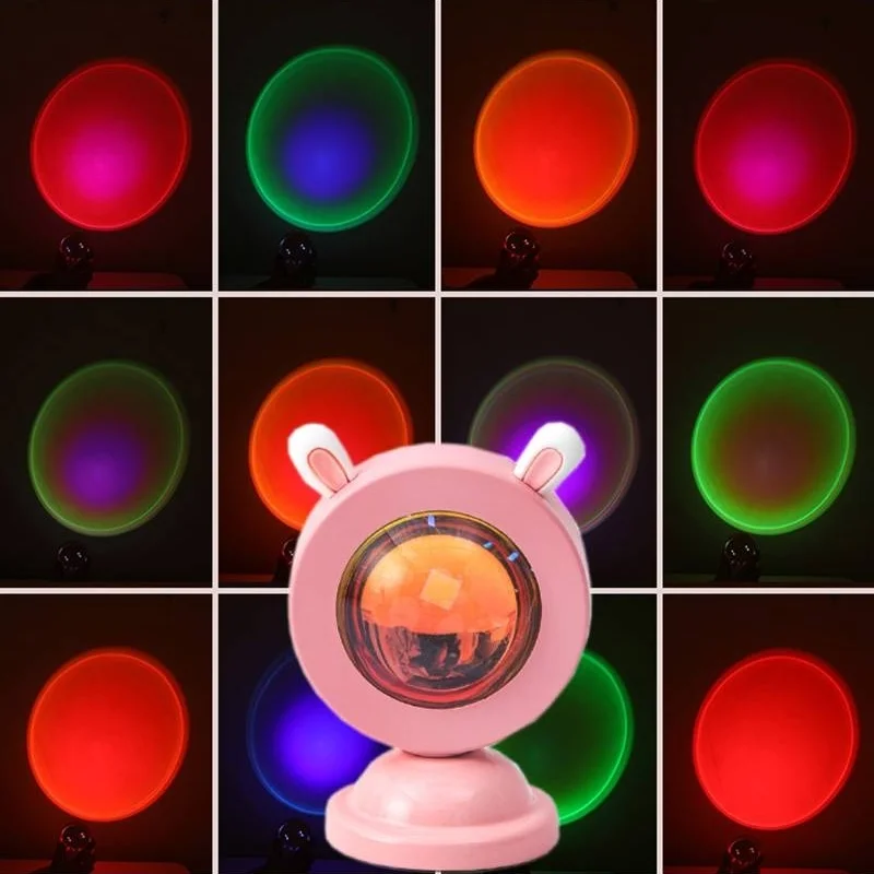 ไฟพระอาทิตย์ตกขนาดเล็กเครื่องฉายแสงสร้างบรรยากาศในภาพถ่ายไฟ LED สีรุ้งรุ่งอรุณตั้งโต๊ะตกแต่งห้องแบบพกพา USB RGB lampu tidur