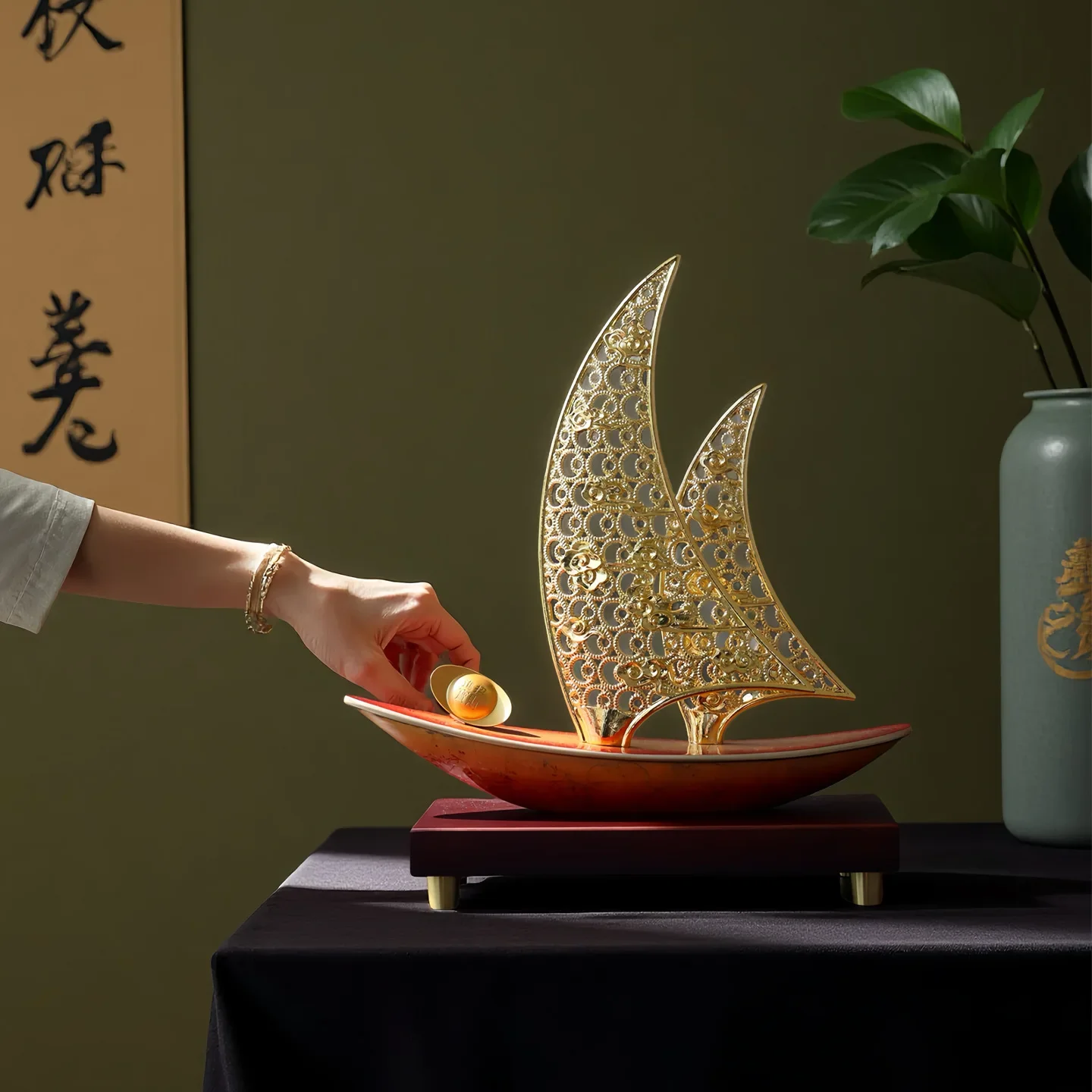 New Chinese style smooth sailing silk enamel handicrafts sailboat ornaments living room office new home housewarming gifts