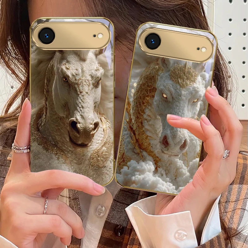 

Auspicious White Horse For IPhone 17Pro Max 16 17 Pro 15 Pro 14 13 Plus 12 Mini 11Pro Max XR 16E 17Air Golden glass phone case