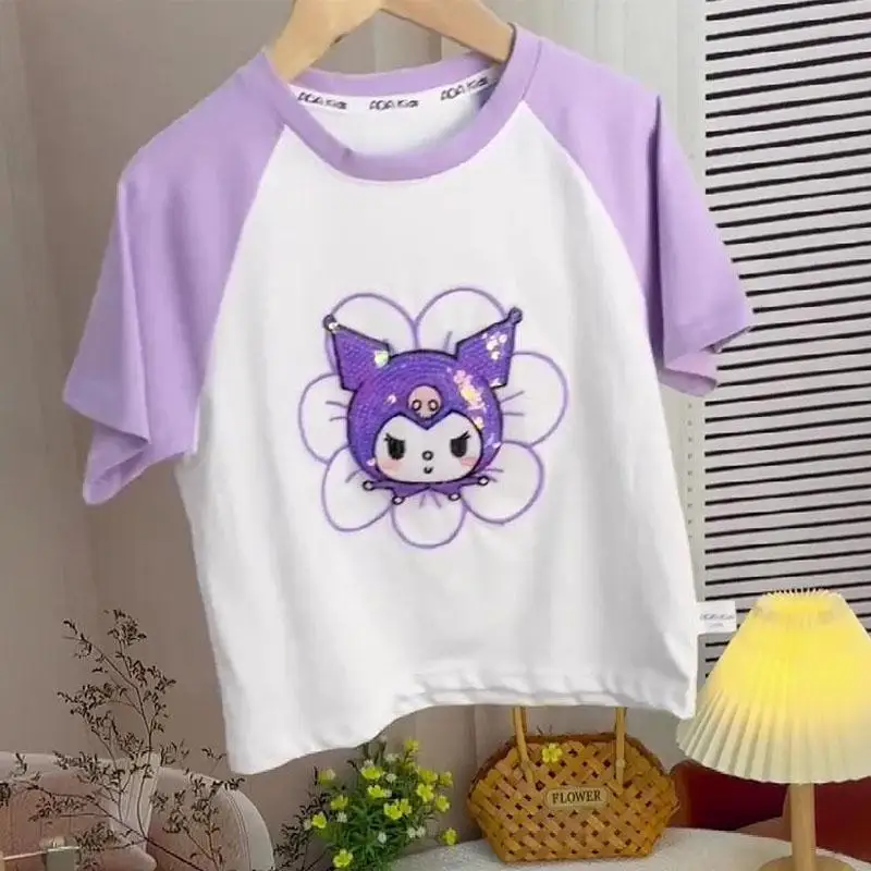 Sanrios Kinder Zomerpak Met Korte Mouwen Kuromi Cartoon Katoenen T-Shirt Short Tweedelige Set Casual Tops Schattige Culottes Cadeau