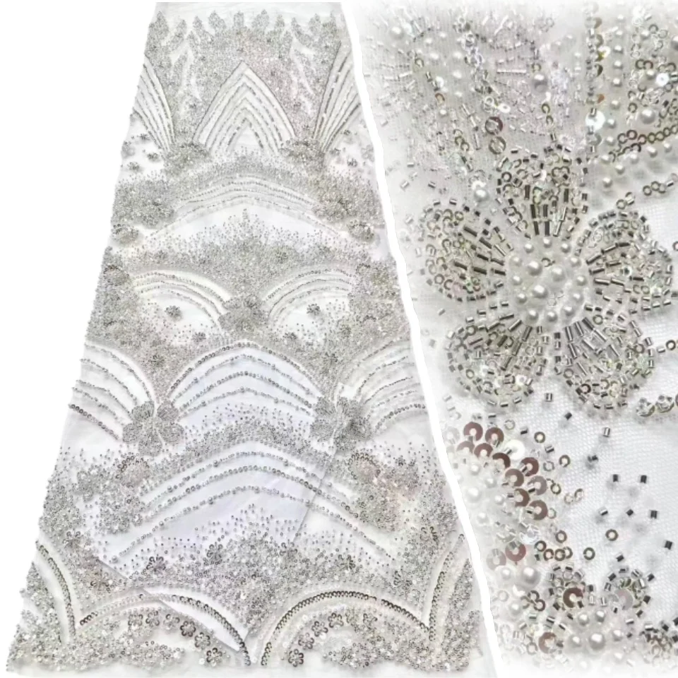 

Fashion Handmade Beaded Sequined Tulle Lace Fabric Pink New Dubai African Lace Suitable for Women's Party Wedding Dresses 2160