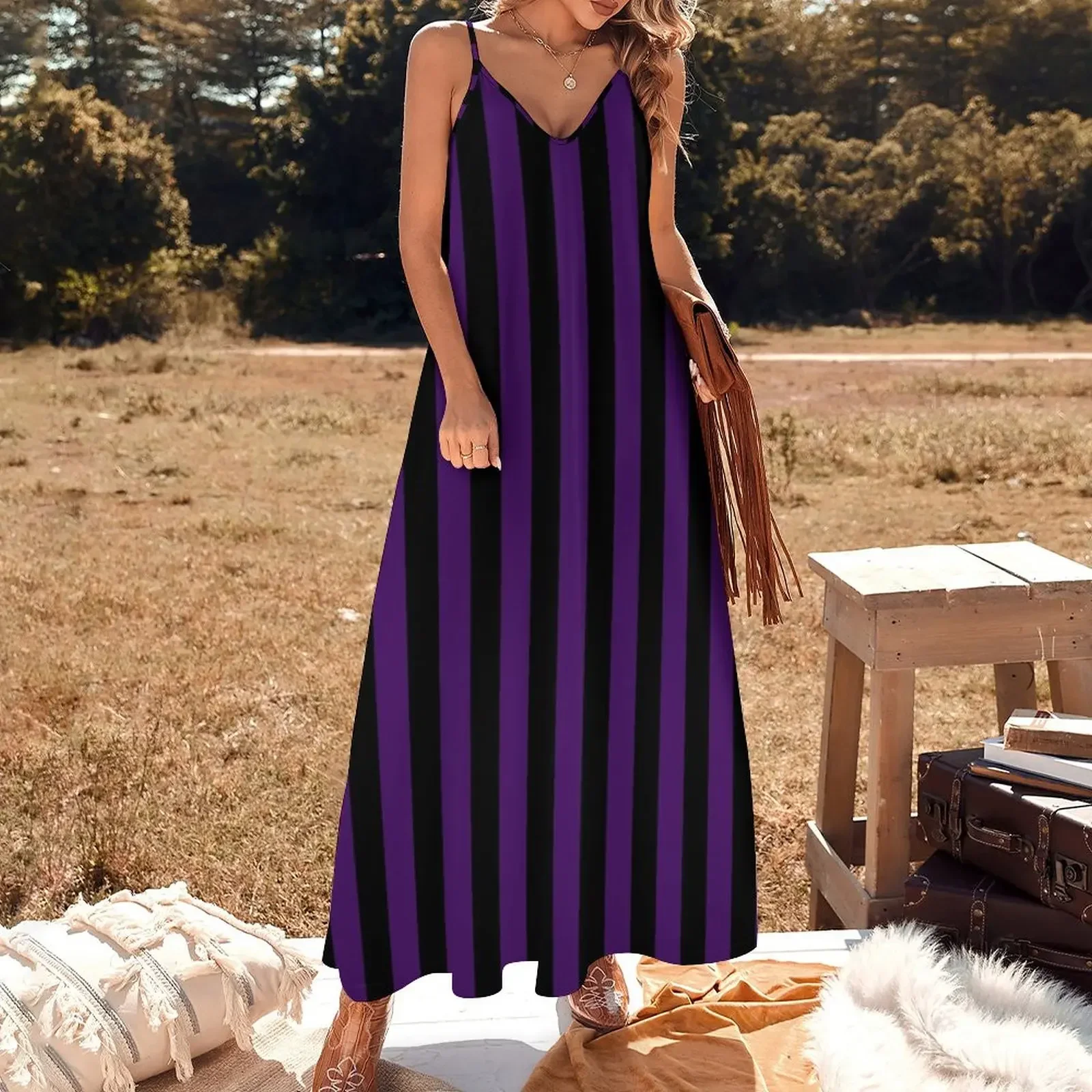 Sharp Edge Purple and Black Gothic Inspired Stripes Sleeveless Dress prom dress 2024 women party dresses Dress