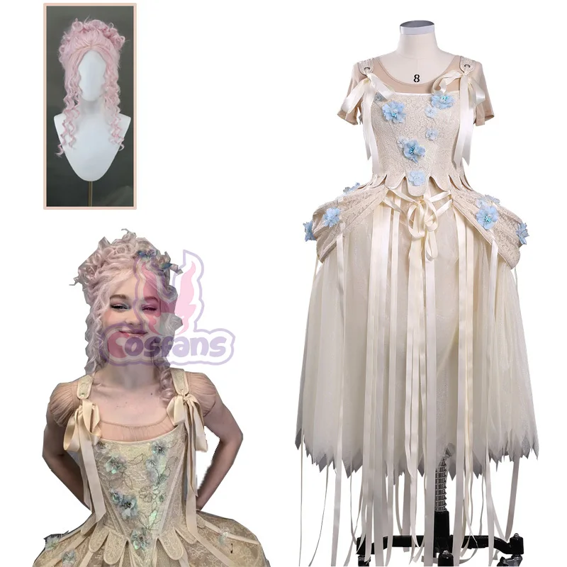 

Movie Werewolf Girl Enid Cosplay Costume Wig Newly Exquisite Floral Decoration Apricot Evening Gown Headwear Petticoat Set