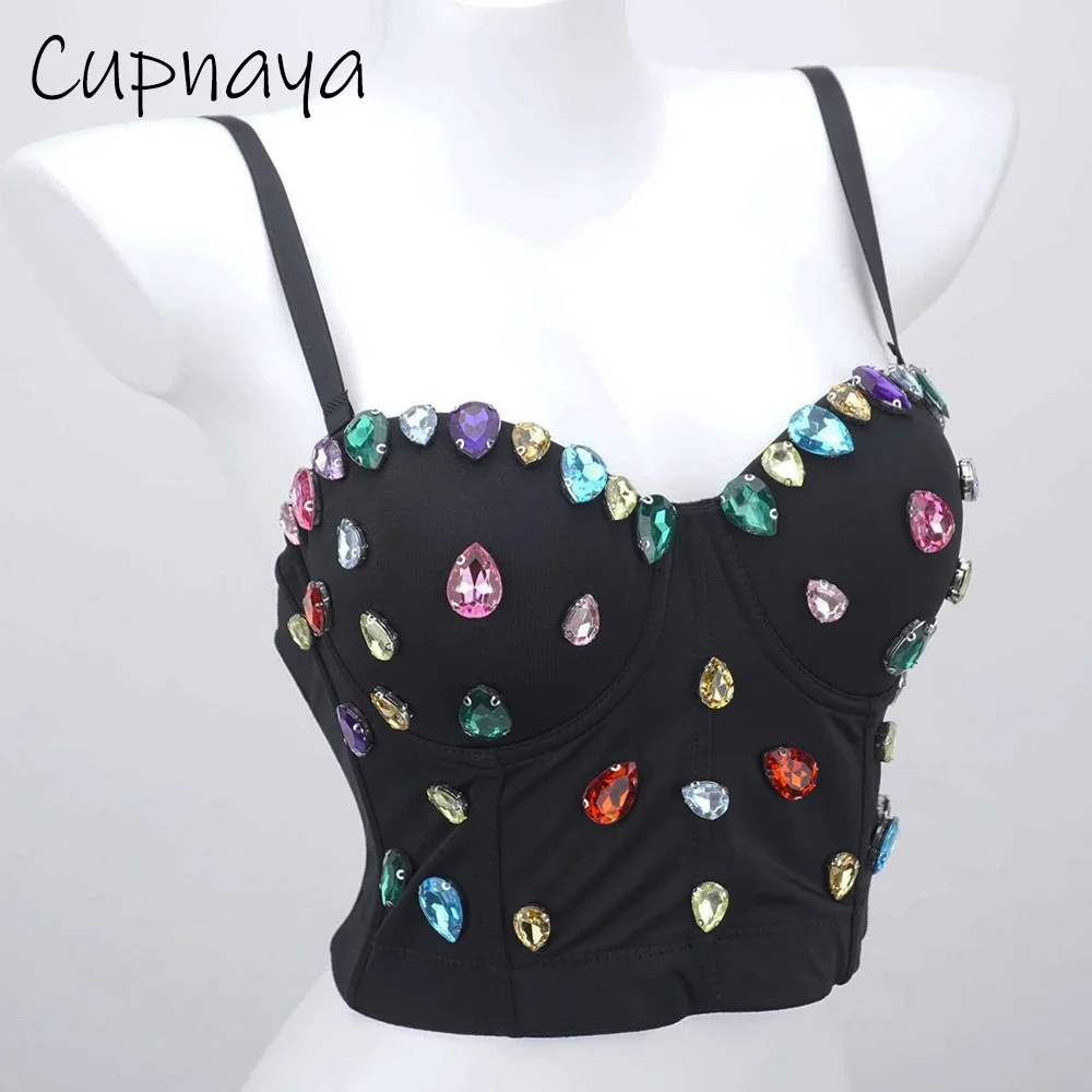 

Cupnaya разноцветные стразы женский короткий укороченный топ с подкладкой сексуальный ночной клуб DJ танцовщица бюстье без косточек без косточек для карнавала шоу