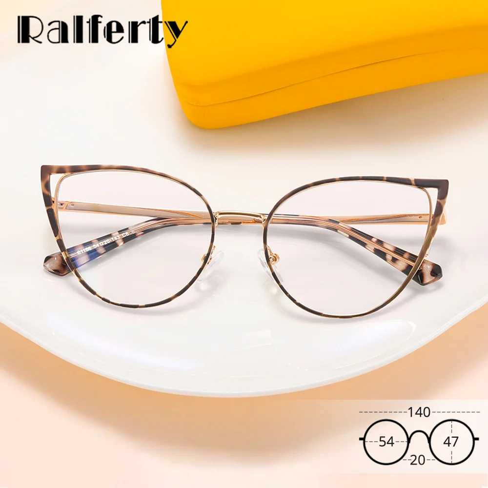 Ralferty Retro Designer Cat Eye Women's Eyeglass Frame Female No Graduated Glasses Vintage Ladies Metal Eyewear Anti Blue Light