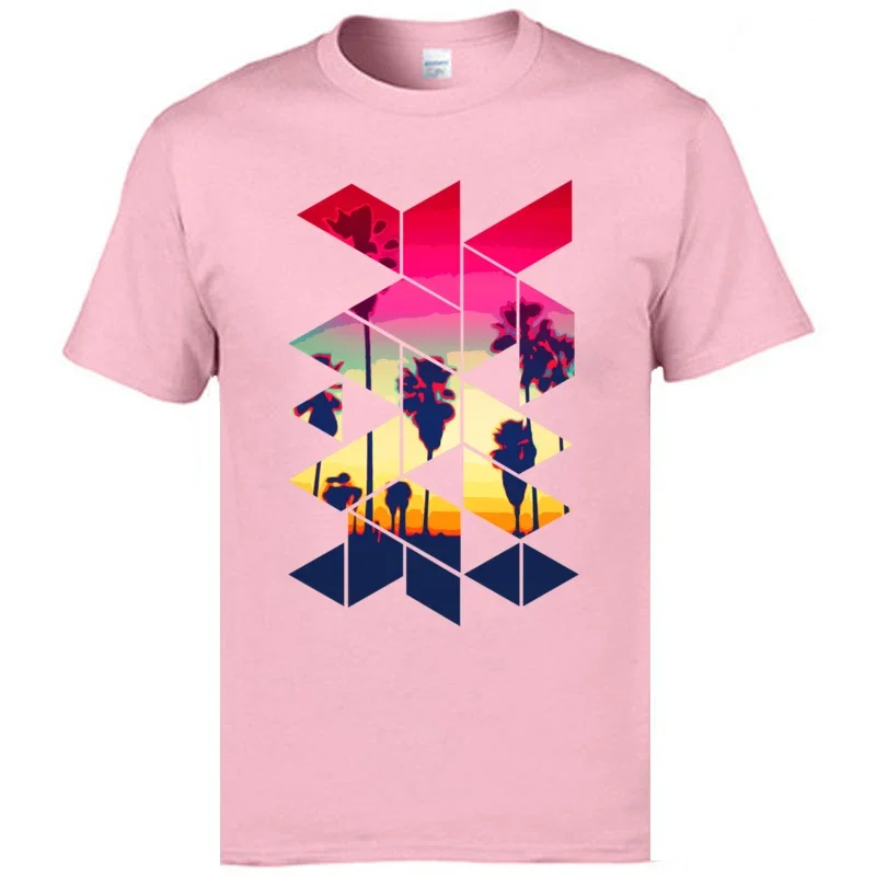 Top Quality Men's T-Shirts 100% Breathable Cotton California Palm Beach Sunset Geometric Shape Scenic Tshirts Blue Male Tees