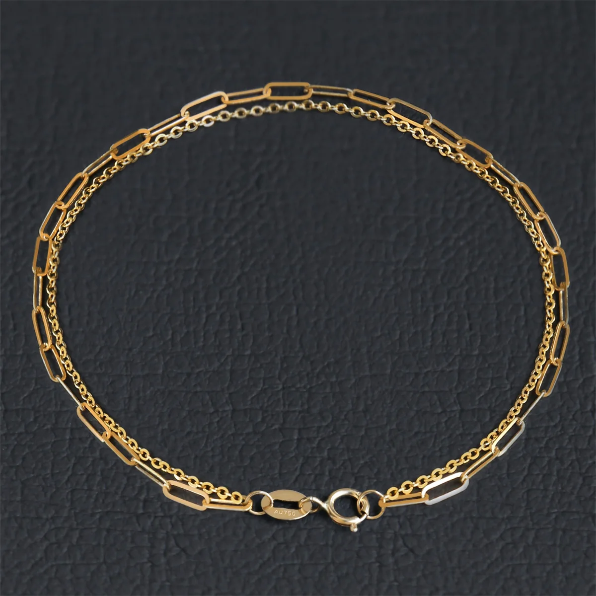 

Pure 18K Yellow Gold Chain Women Double Cuboid Cable Link Bracelet 5.9-7inch