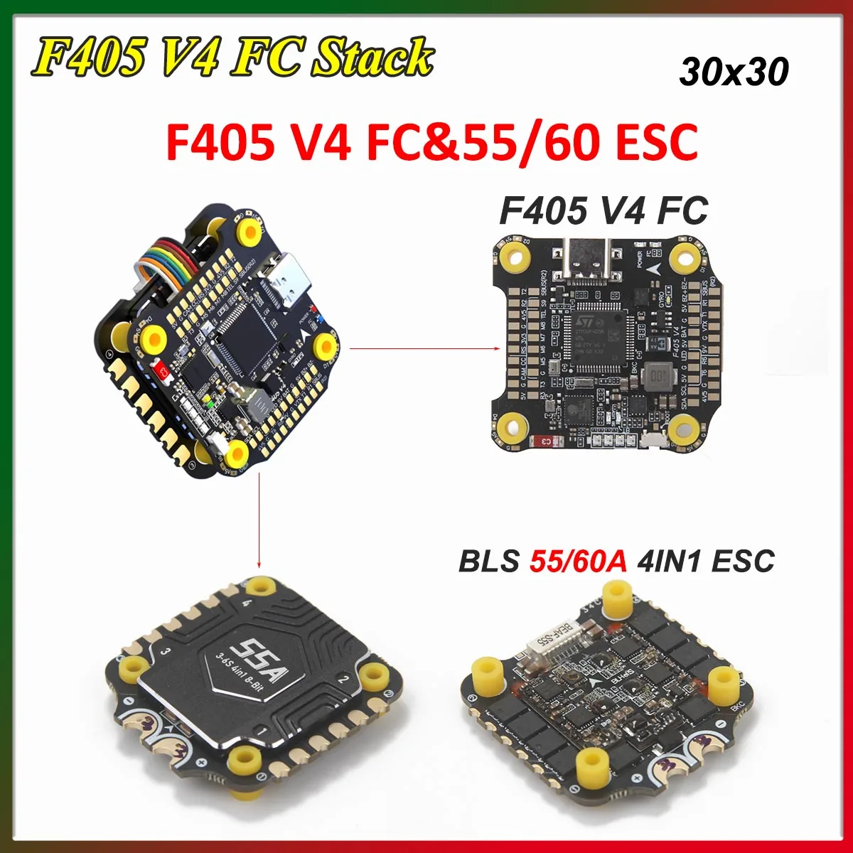 

F405 V4 FC Stack BLS 55/60A 4-in-1 ESC&FC 3-6S 30x30 INAV Betaflight Configure Bluetooth RC FPV 5-8 Inch Frame Drone DIY Parts