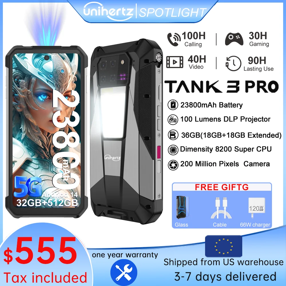 

Unihertz Tank 3 Pro 8849 Smartphone with 100 Lumens 120Hz Projector 32GB+512GB 5G Phone 23800mAh 120W Fast Charger 200MP Camera