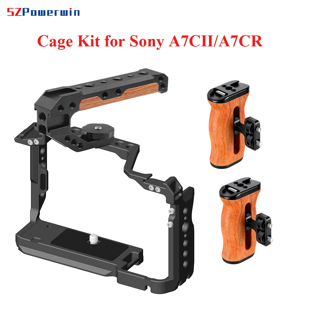 Powerwin Camera Cage For Sony A7C II A7CR A7C2  Wooden Handgrid Handle Kit Aluminum Alloy Multifunctional Arri Locating Screw