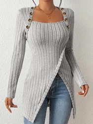 Square collar slit knitted shirt sexy and slim, U-neck cross irregular top, long sleeved versatile base T-shirt for women