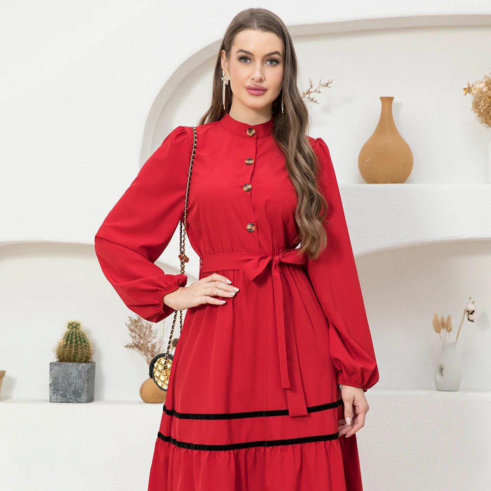 Sweet High collar Color contrast Solid color Buttons Ribbon Shirt sleeve Long Dresses