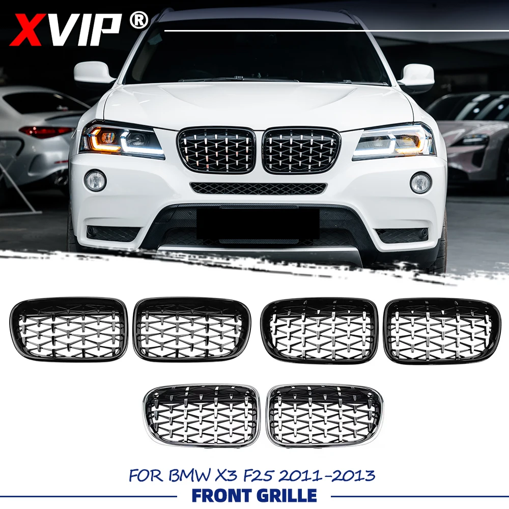 

Решетка радиатора XVIP Chrome Silver Upper Racing Grills Diamonds Style для BMW X3 F25 2011-2013, глянцевая черная, для переднего бампера