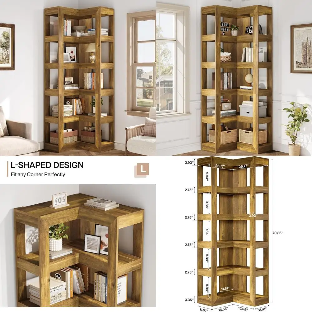 Estantería esquinera grande de 6 niveles, estantería alta de madera en forma de L con almacenamiento para sala de estar y dormitorio