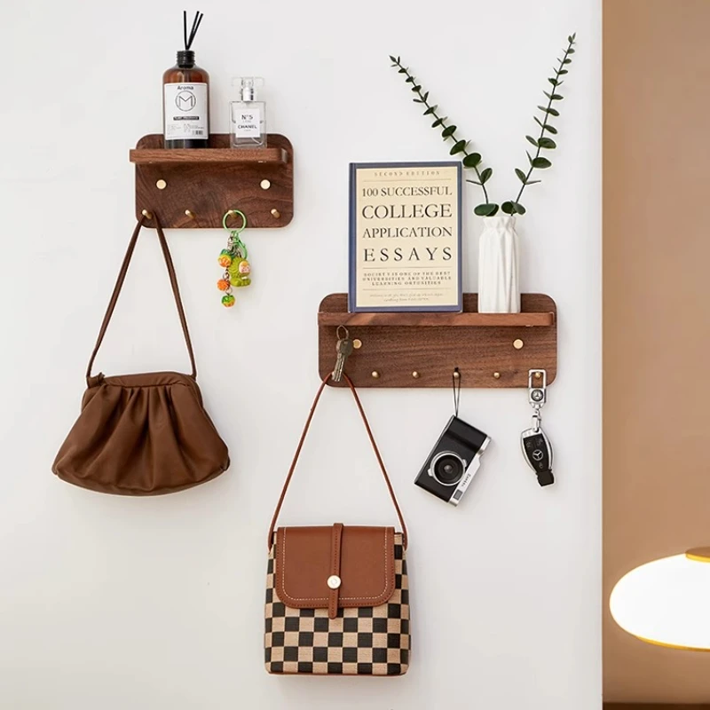 

Black Walnut Wood Key Holder Brass Hooks Wall-Mounted Entryway Organizer Modern Coat Rack for Bags & Storage Shelf