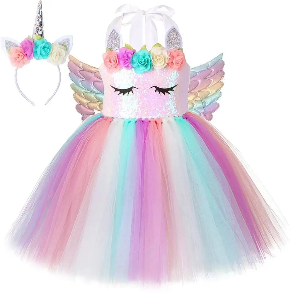 Pastel Flowers Unicorn Costumes for Girls Sequins Birthday Princess Dresses Kids Halloween Christmas Outfit with Wings Horns Bow
